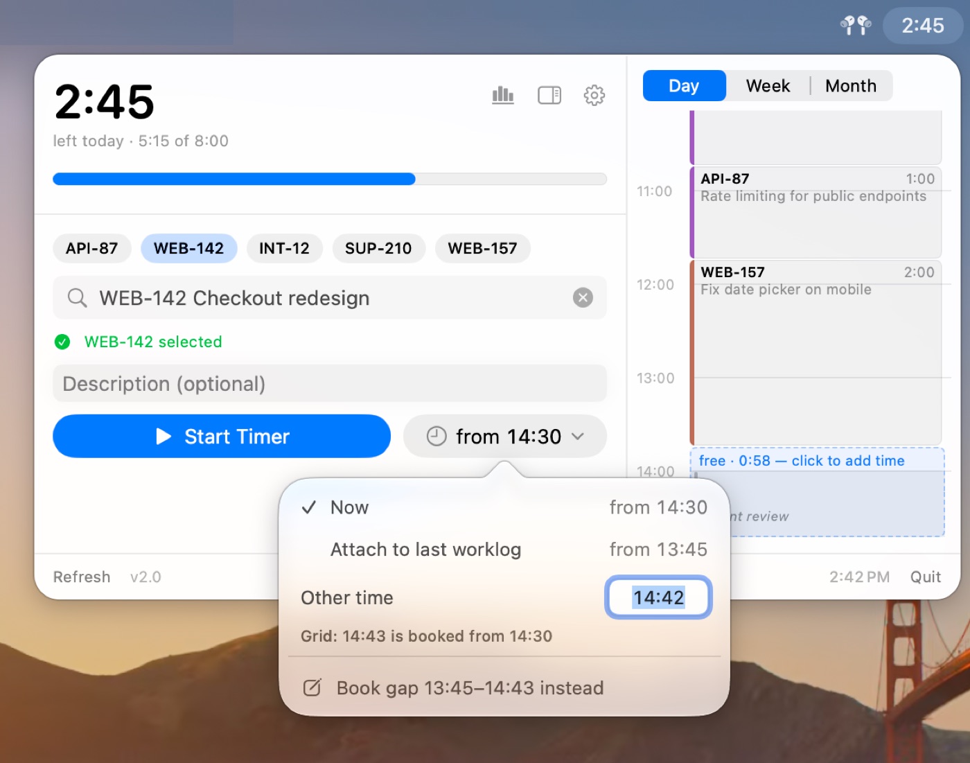 The start time menu: start now, attach to the last worklog, another time, or book the gap instead.