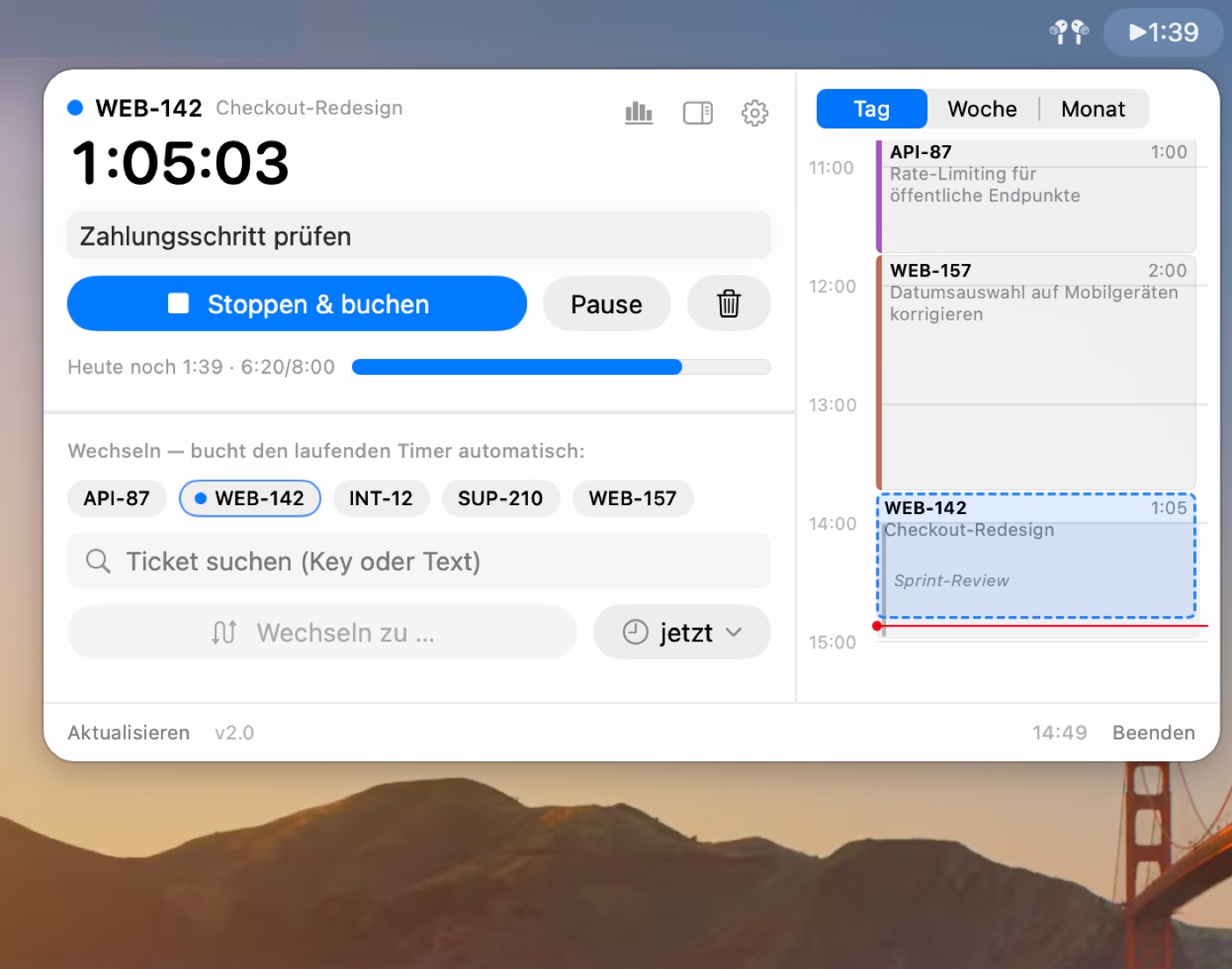 Laufender Timer mit Beschreibung, Favoriten-Tickets und dem Tageskalender.
