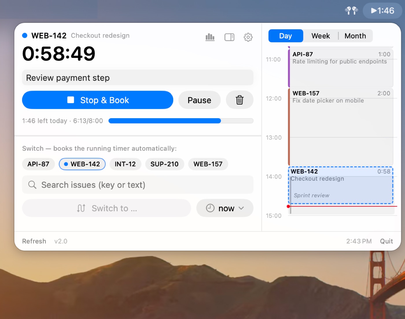 Running timer with description, favourite issues and the day calendar.